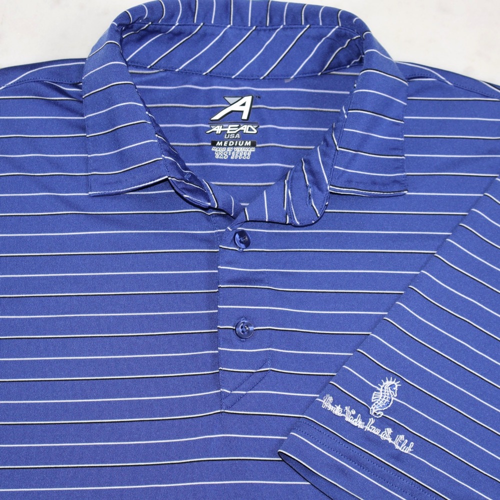 Ahead USA Medium Blue Striped Ponte Vedra Inn & Club Florida Golf Polo Shirt